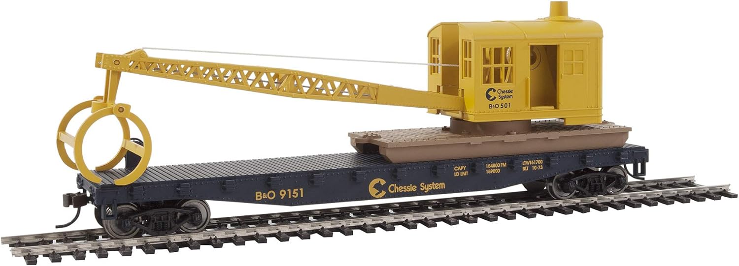 Walthers Trainline Flatcar with Logging Ready to Run Crane - Chessie/Baltimore and Ohio 9151, Blue and Yellow