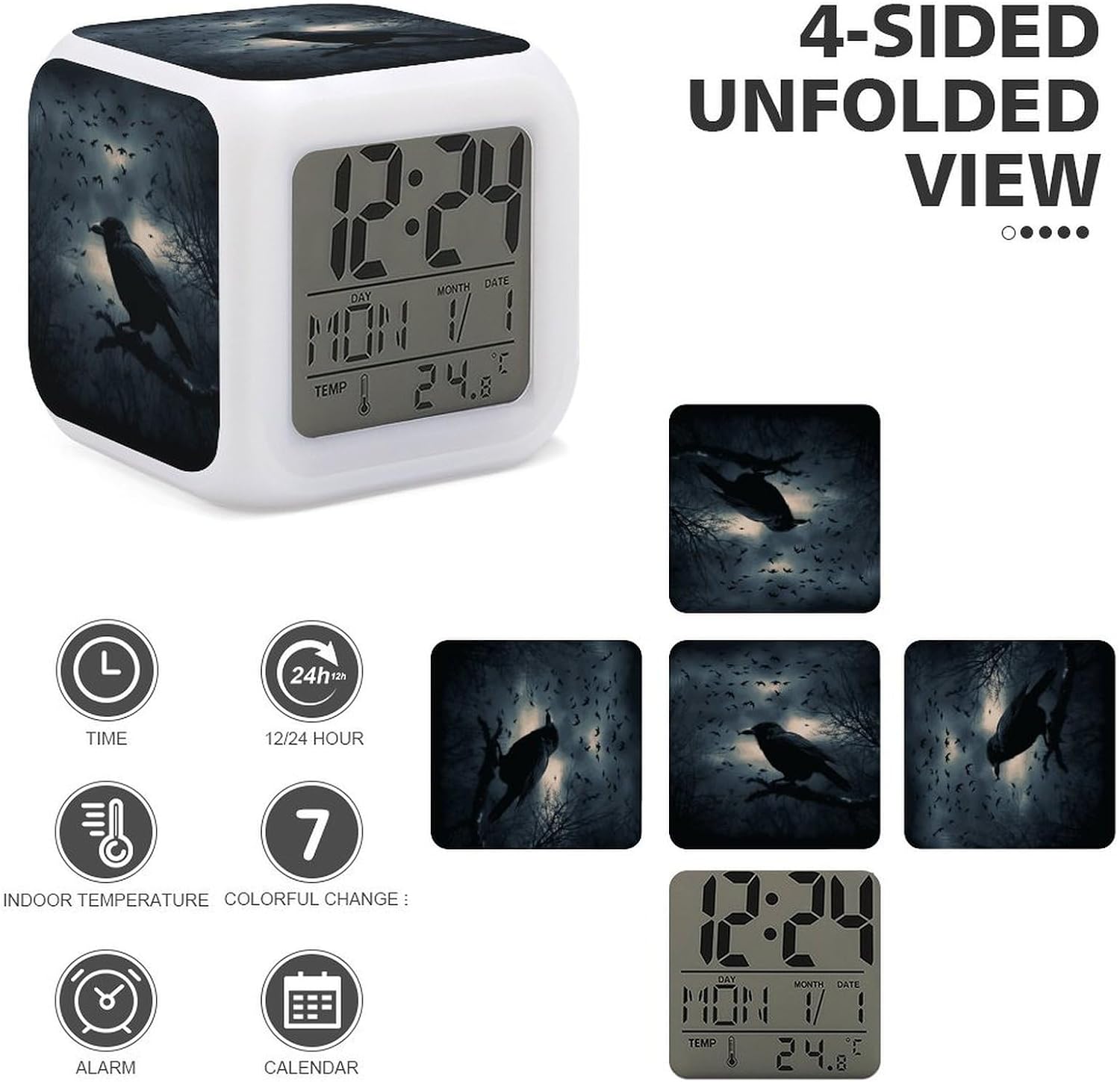 Night Crow Alarm Clock Night Light Alarms for Bedroom Smart Digital Alarm Clock LED Display Clocks with 7 Colorful Ambient Lights Sleep Timer for Heavy Sleepers Simple Operation image 4