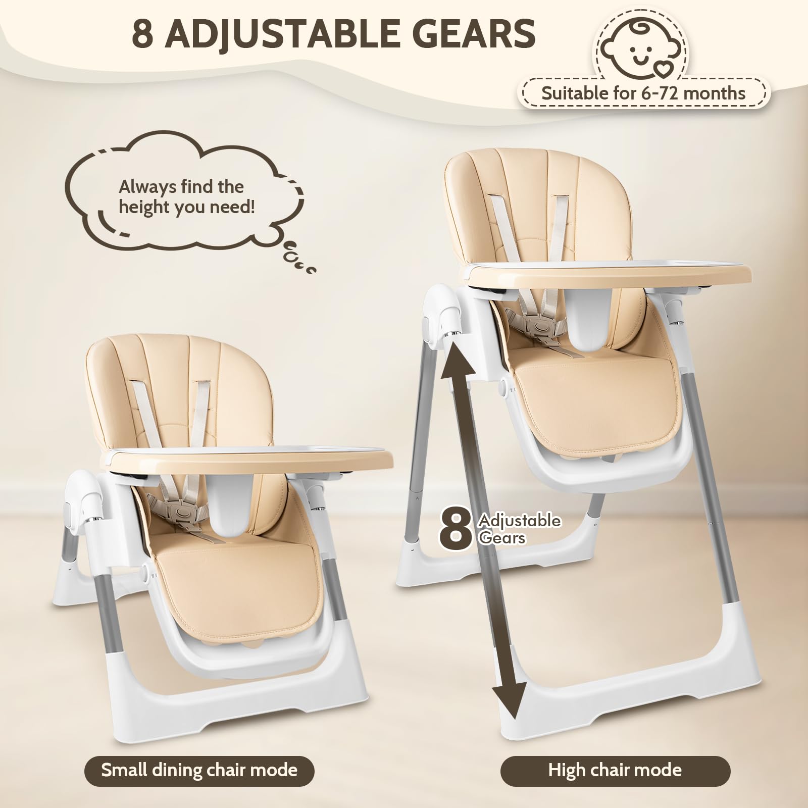 Chaise haute bébé pliante 4en1, 4 Positions d'Inclinaison, Hauteur réglable, Chaise haute enfant avec plateau amovible et roulettes, évolutive avec ceinture à 5 points, Beige
