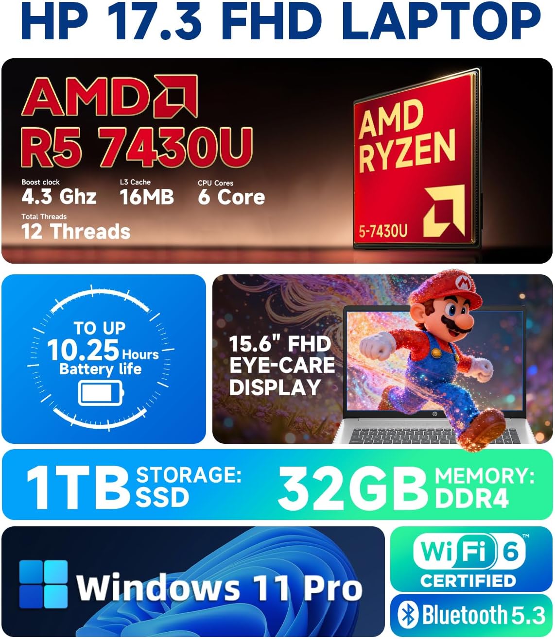 HP 17 inch FHD Student Business Laptop, AMD Ryzen 5 7430U, 16GB RAM 512GB SSD, Windows 11 Pro, 17.3" FHD IPS, Copilot AI, Numeric Keyboard, Type-c, w/Accessories