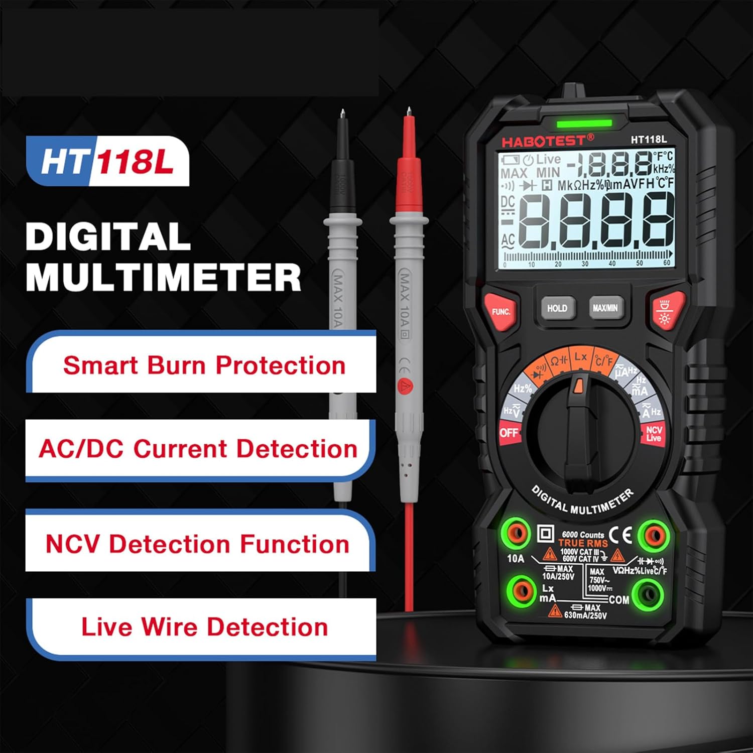 HT118L Digital Multimeter 6000 Counts True RMS AC/DC t NCV Live Wire Detection Transistor Tester Voltmeter acitance Meter