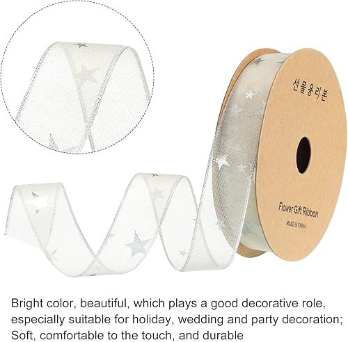 Miniatura 3 de MECCANIXITY Cinta de organza transparente de 1 pulgada de ancho con alambre, cinta de gasa brillante de 20 yardas, color blanco crema para envolver