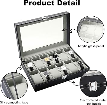 Watch Box Organizer 12 Slots Upgraded PU Leather Watch Case with Glass Lid, Watch Display Box with Removable Cushions, Watch Storage Holder and Jewelry Organizer, Gift for Men and Women