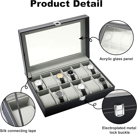 Watch Box Organizer 12 Slots Upgraded PU Leather Watch Case with Glass Lid, Watch Display Box with Removable Cushions, Watch Storage Holder and Jewelry Organizer, Gift for Men and Women