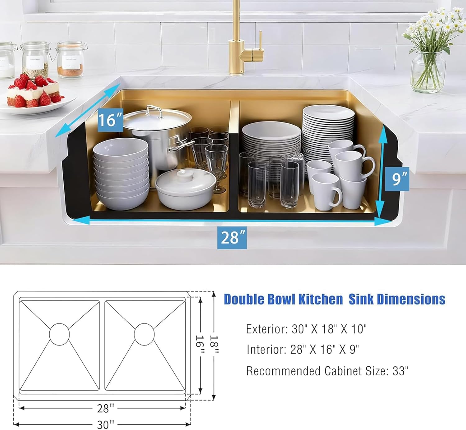 Gold Undermount Double Kitchen Sink, 16 Gauge SUS304 Stainless Steel Kitchen Sinks,50/50 Features All In One Workstation Sinks with Accessories, 30"x 18" x 10" Large and Deep Gold Double Sink