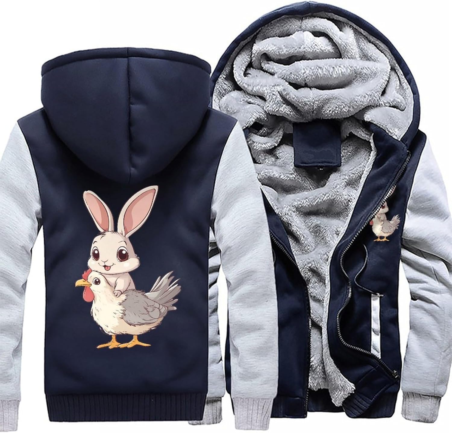 Bunny Rooster Men's Hoodie Full-Zip Hooded Sweatshirt Fleece Jacket Coat Winter Warm Clothing