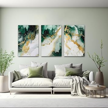 CXHOSTENT Emerald Green and Gold Wall Decor Set of 3 Abstract Marble Pictures Green and Gold Canvas Prints Framed Artwork for Home Decor (Abstract-2, 30.00 x 40.00 cms x 3PCS)