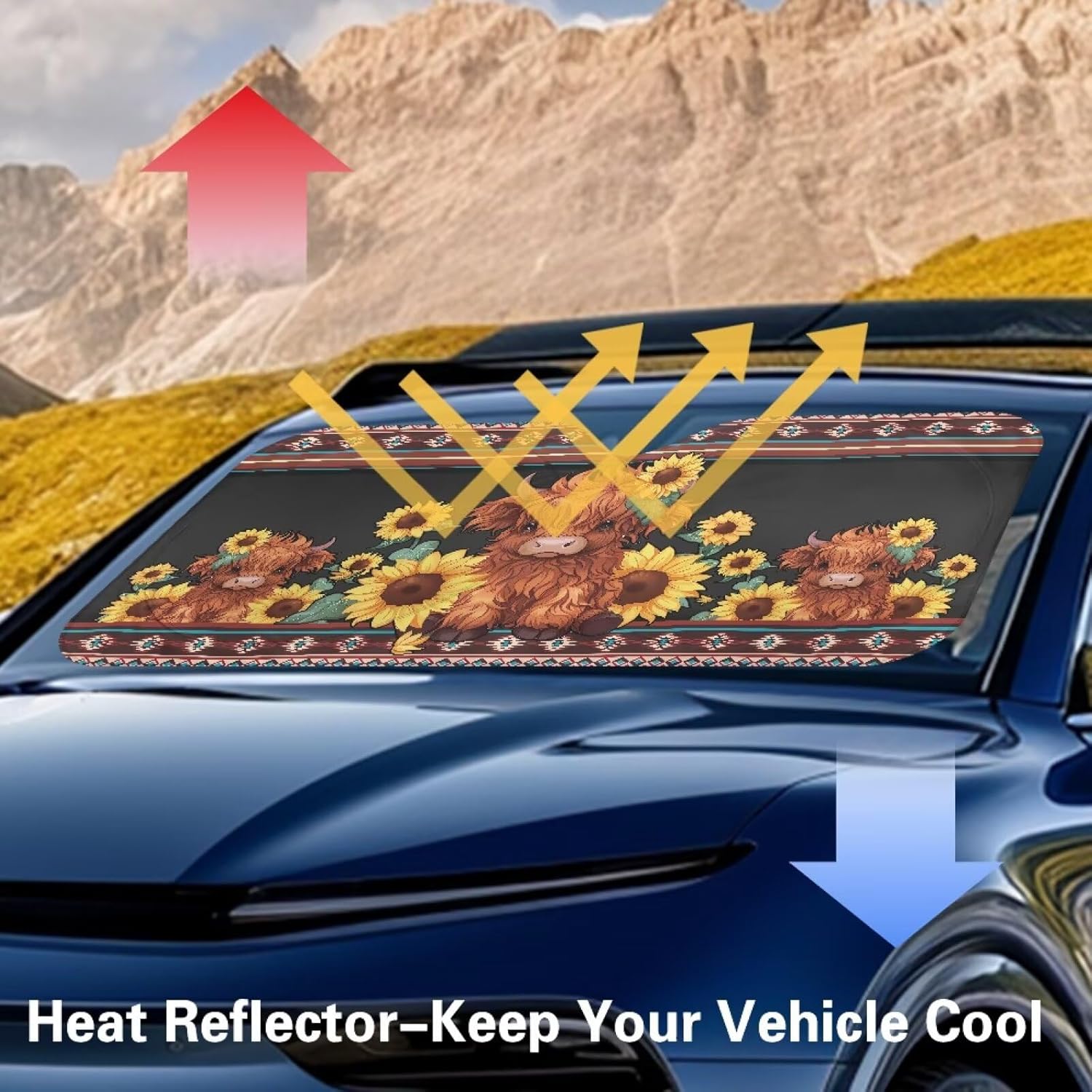 Renewold Windshield Sun Shade for Car Auto Sunshade Highland Cow Sunflower Aztec Mid Large Size Van Sedan Truck SUV Front Window Sun Shield Sun Visor Keep Vehicle Cool Automotive Interior Accessories