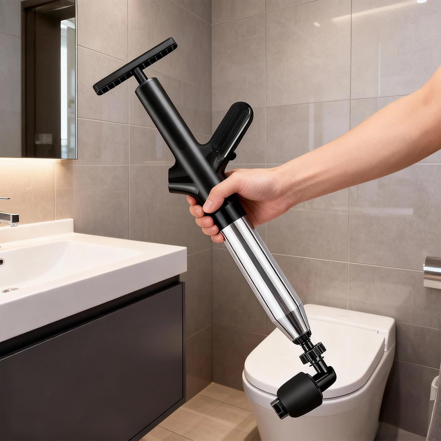 High Pressure Drain Clog Remover Tool, Air Toilet Plunger Drain Blaster with Multi-Attachments for Toilets Sinks Tubs, 304 Stainless Steel, Adhesive Hook