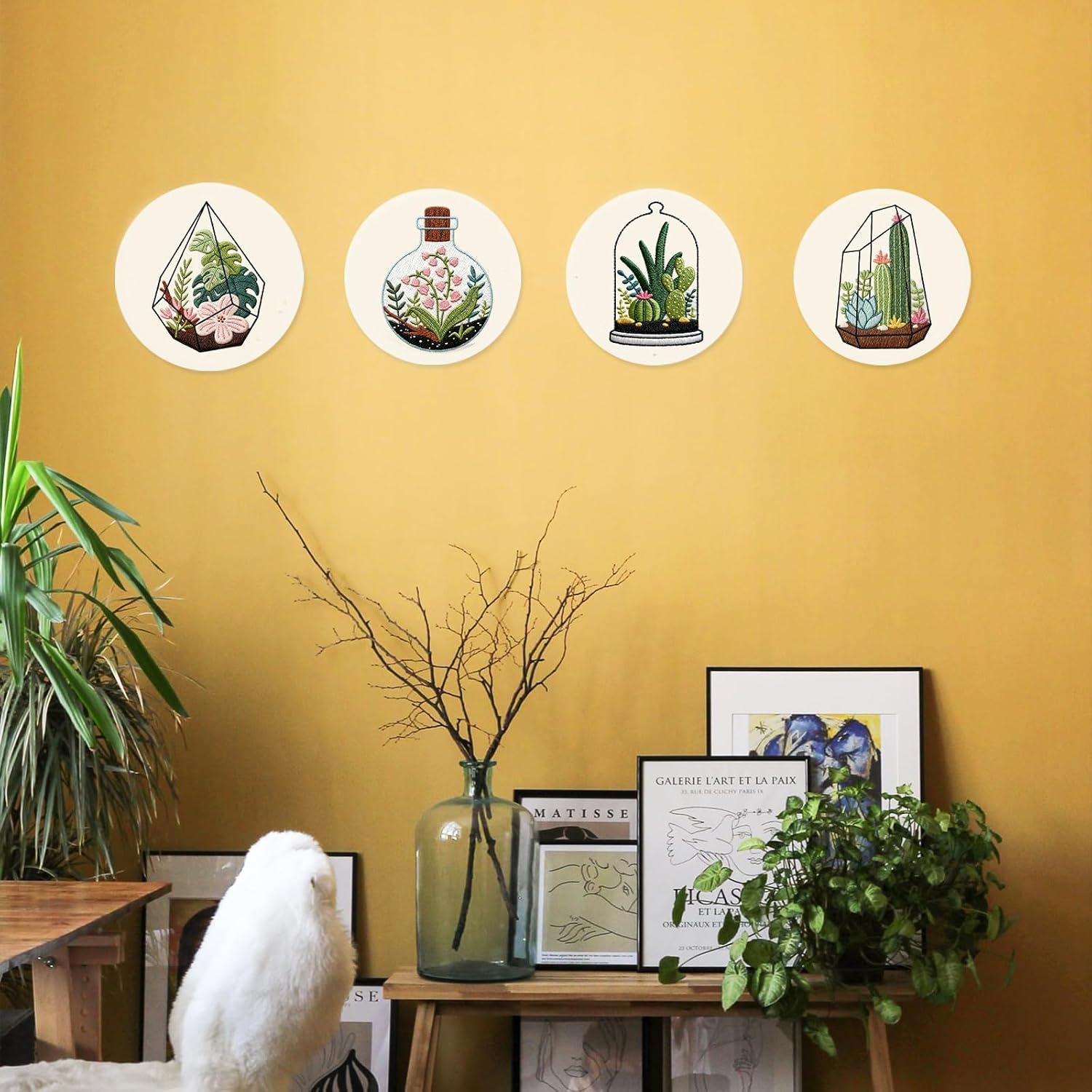 INFUNLY 4pcs Plant Embroidery Starter Kit for Beginners Cactus Cross Stitch Kits for Adults Vase Flower Stamped Stitches Embroidery Sewing Kit with Patterns Instructions for DIY Craft