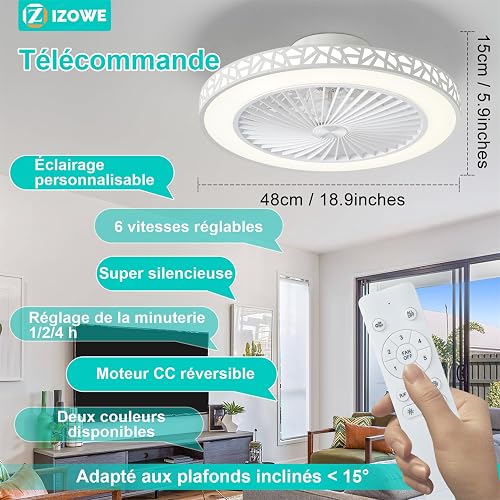 IZOWE Ceiling Fan 48 cm LED Ceiling Fan 6 Speeds 3 Colour Dimmable Reversible Ceiling Fan Modern Speaker Ceiling Fan with Remote Control Bedroom Living Room - 2