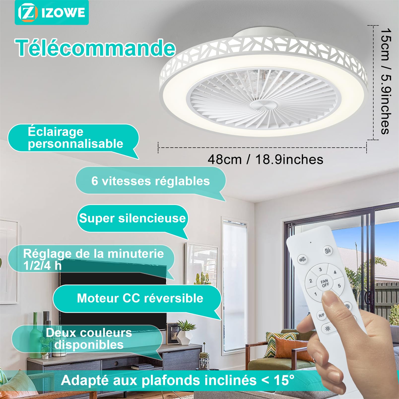 Ventilateur Plafond Moderne 48cm, Plafonnier Ventilateur avec Lumière LED Dimmable 3 Couleur 40W, 6 Vitesses Réversible Ventilateur de Plafond avec Télécommande Intelligent Timer, Chambre Salon