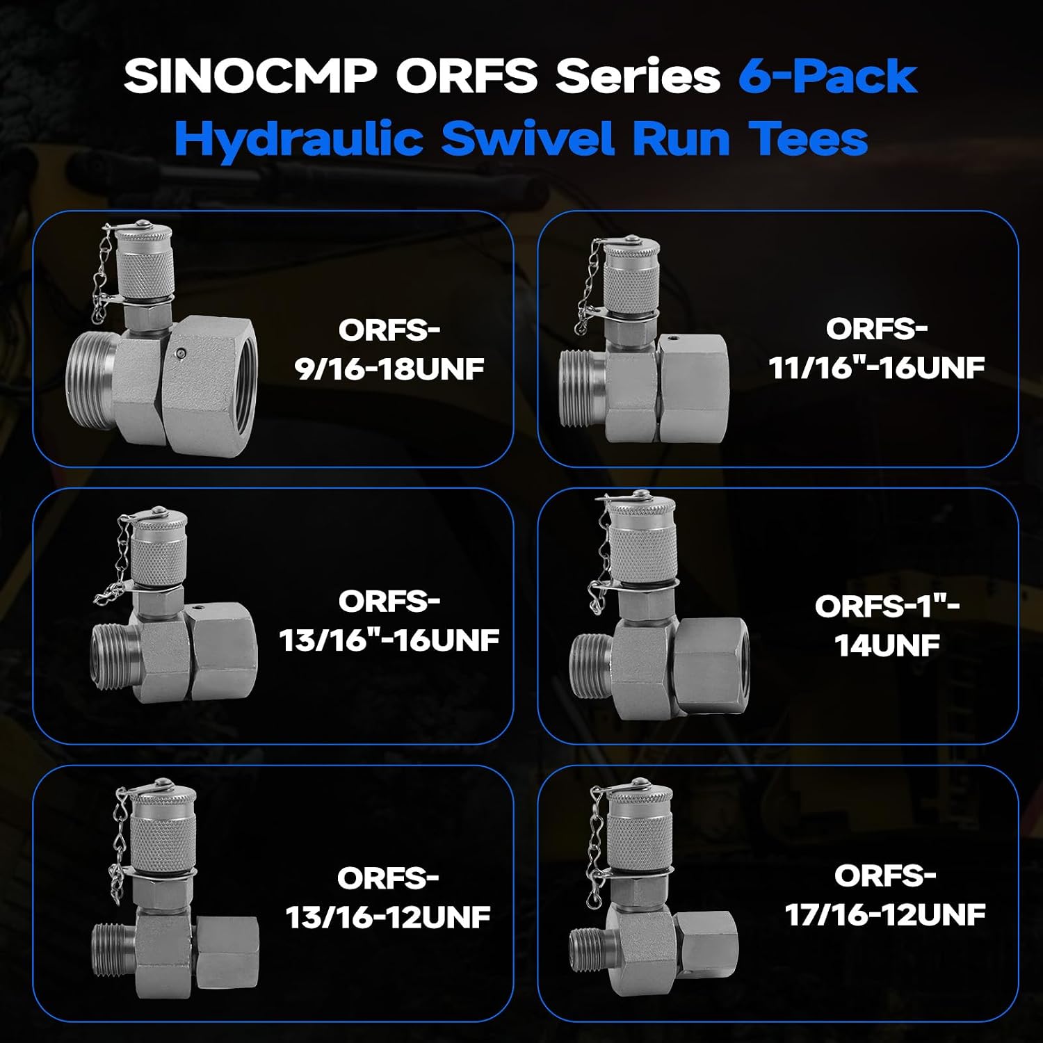 ORFS 6 Pack Hydraulic Swivel Run Tees Connector Tester Coupling Set for Excavator Construction Machinery Hydraulic System