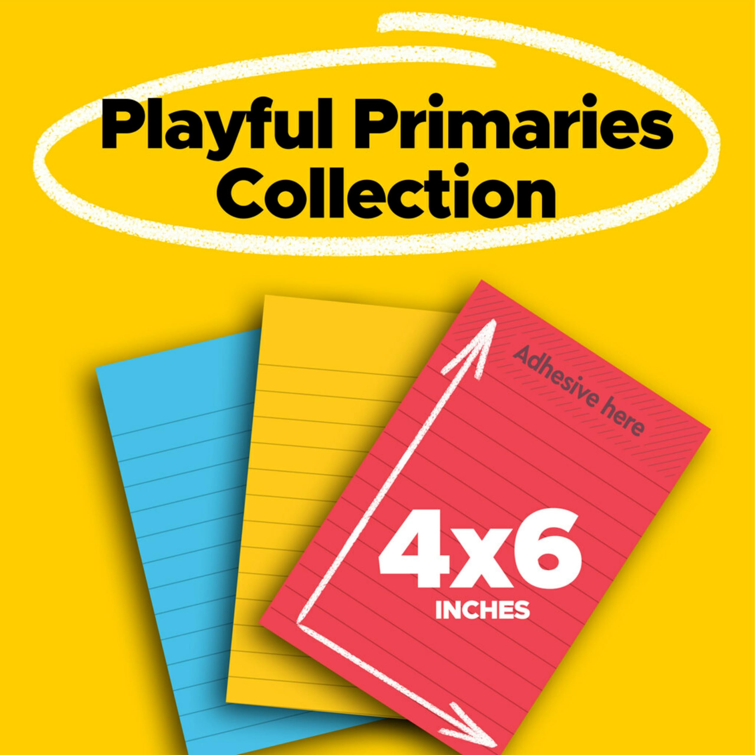 Post-it Super Sticky linierte Notizblöcke, 3 Haftnotizblöcke, 10,2 x 15,2 cm, Schulbedarf und Büroprodukte, ideal für Lehrbücher, Notizbücher, Wände und vertikale Oberflächen, Playful Primaries | Schulbedarf und Bürobedarf, 2-fache Haftkraft