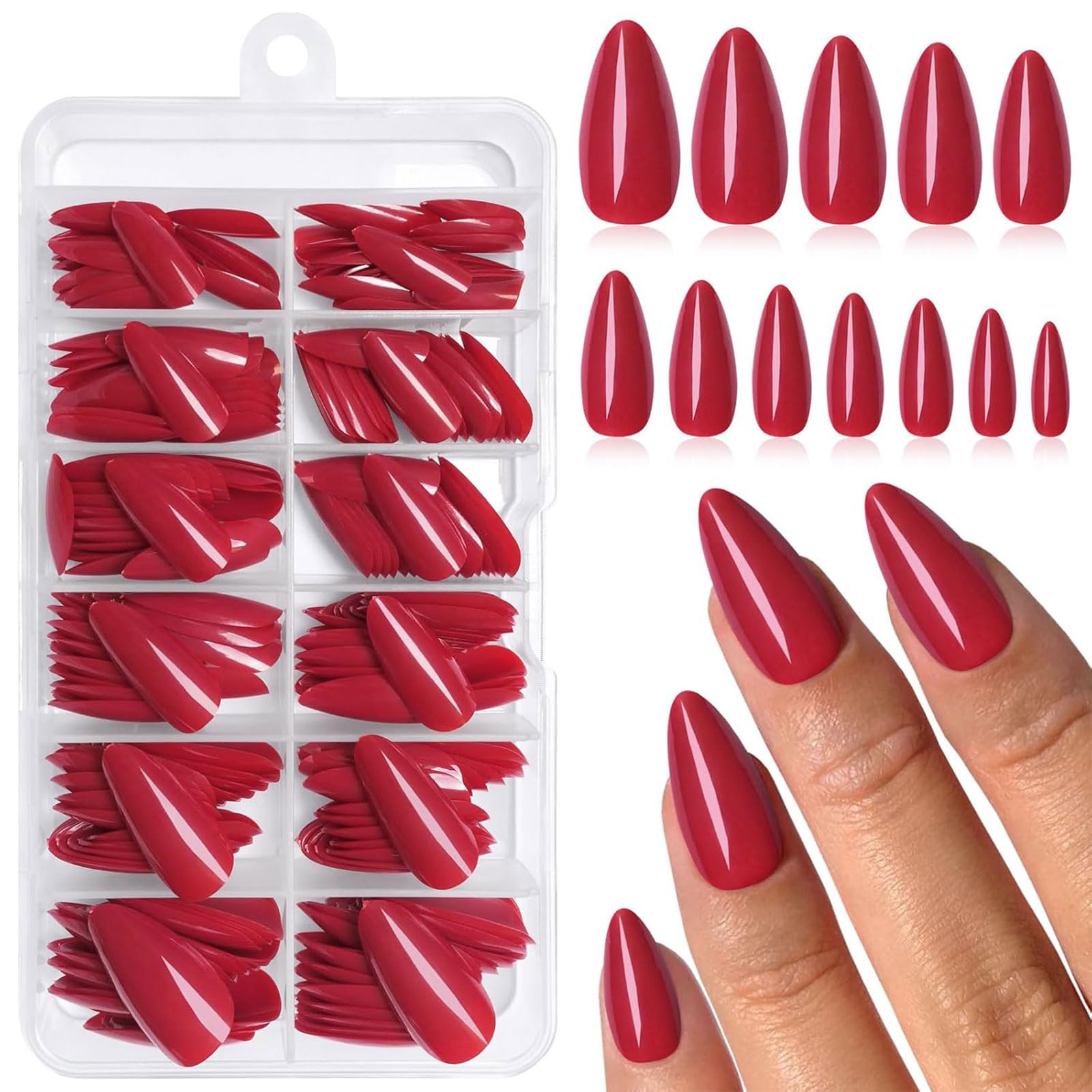 LunarCharm 240 Pieces Wine Red Oval Press on Nails Medium Length Fake Nails Press ons, False Acrylic Nails Oval Nail Tips