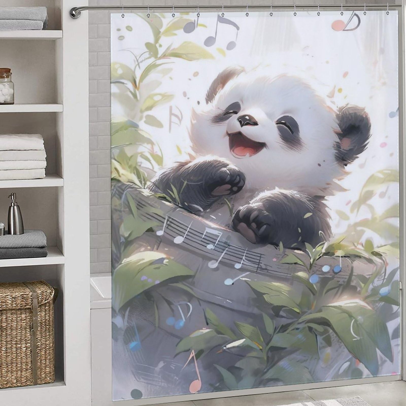 Rideau de douche panda en tissu polyester imperméable 183x183cm avec 12 crochets pour baignoire