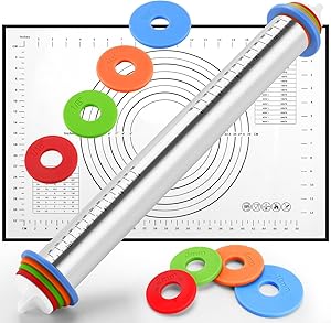 Rolling Pin and Pastry Baking Mat Set, 17-inch Rolling Pins with Adjustable Thickness Rings, Stainless Steel Dough Roller for Baking Fondant, Pizza, Pie, Pastry, Pasta, Cookies (black)