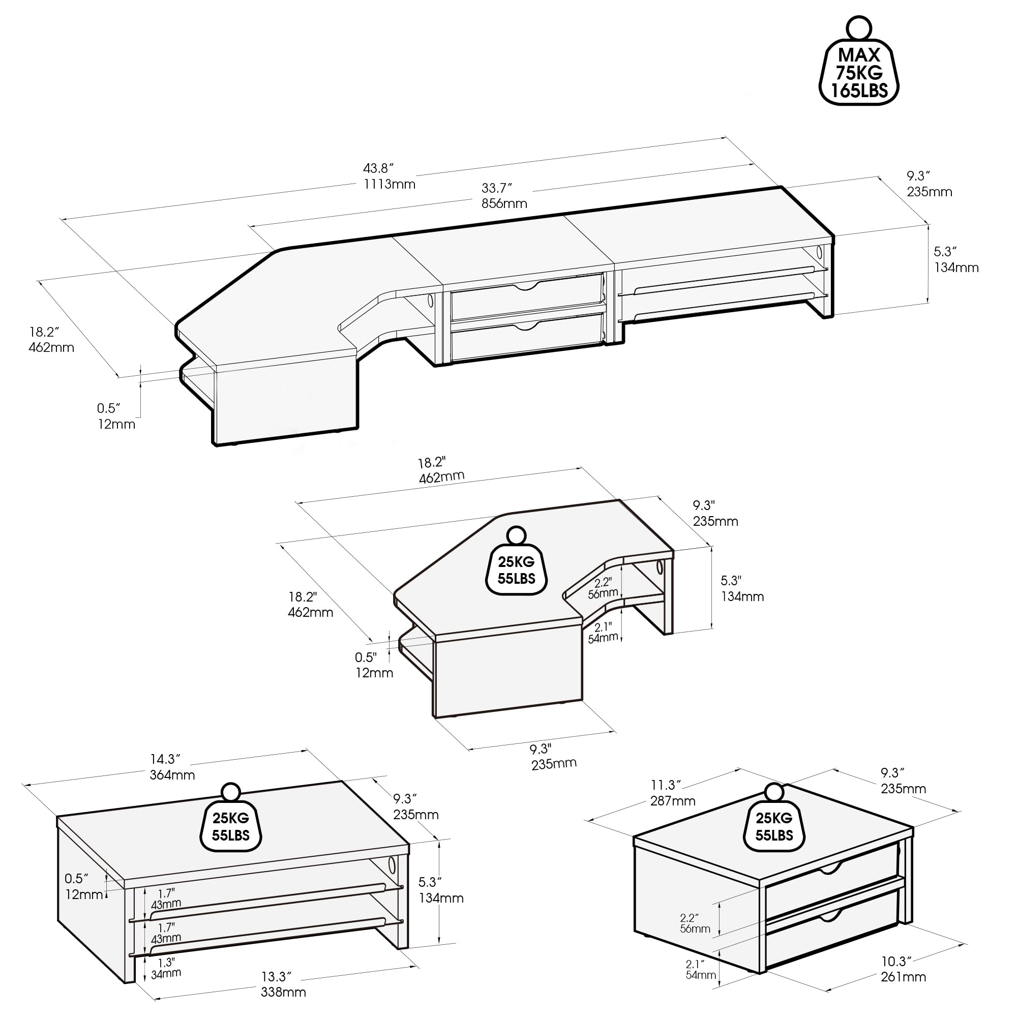 Fenge Supporto Monitor Scrivania 3 in 1, Rialzo Monitor Doppio con Cassetti, Vassoi Estraibili, Angolare a Forma di L, Combinazione Libera, per Ufficio Casa, PC, Laptop, Stampante, TV (Rovere)