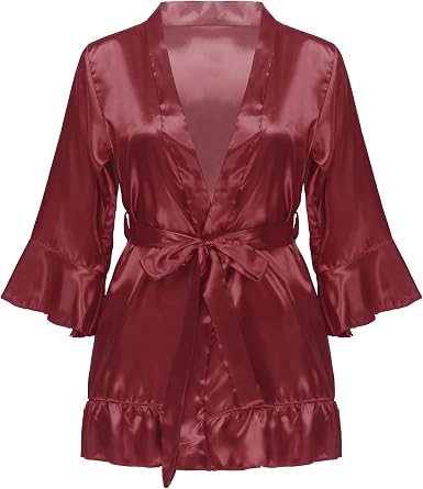 FEESHOW Women Short Satin Silk Kimono Robe V-Neck Bridesmaid Wedding Party Bathrobe