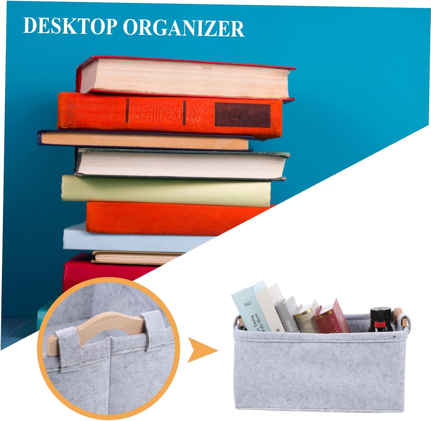 Felt Storage Basket with Wood Handle for Books Magazines and Supplies