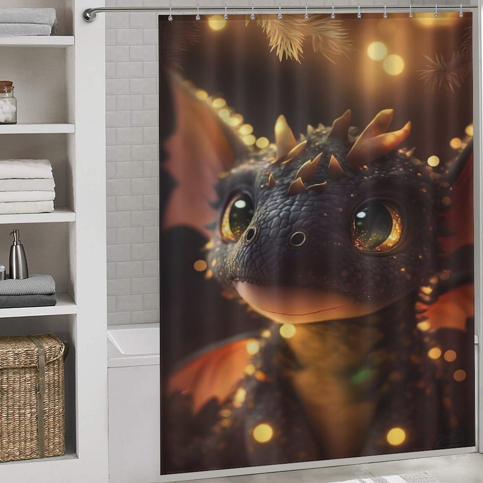 Cute Dragon Shower Curtain, Waterproof Proof Resistant, Quick-Drying, Washable Bathroom Curtain, Includes 12 Pcs Curtain Hooks, 66x72Inch（168x183cm）