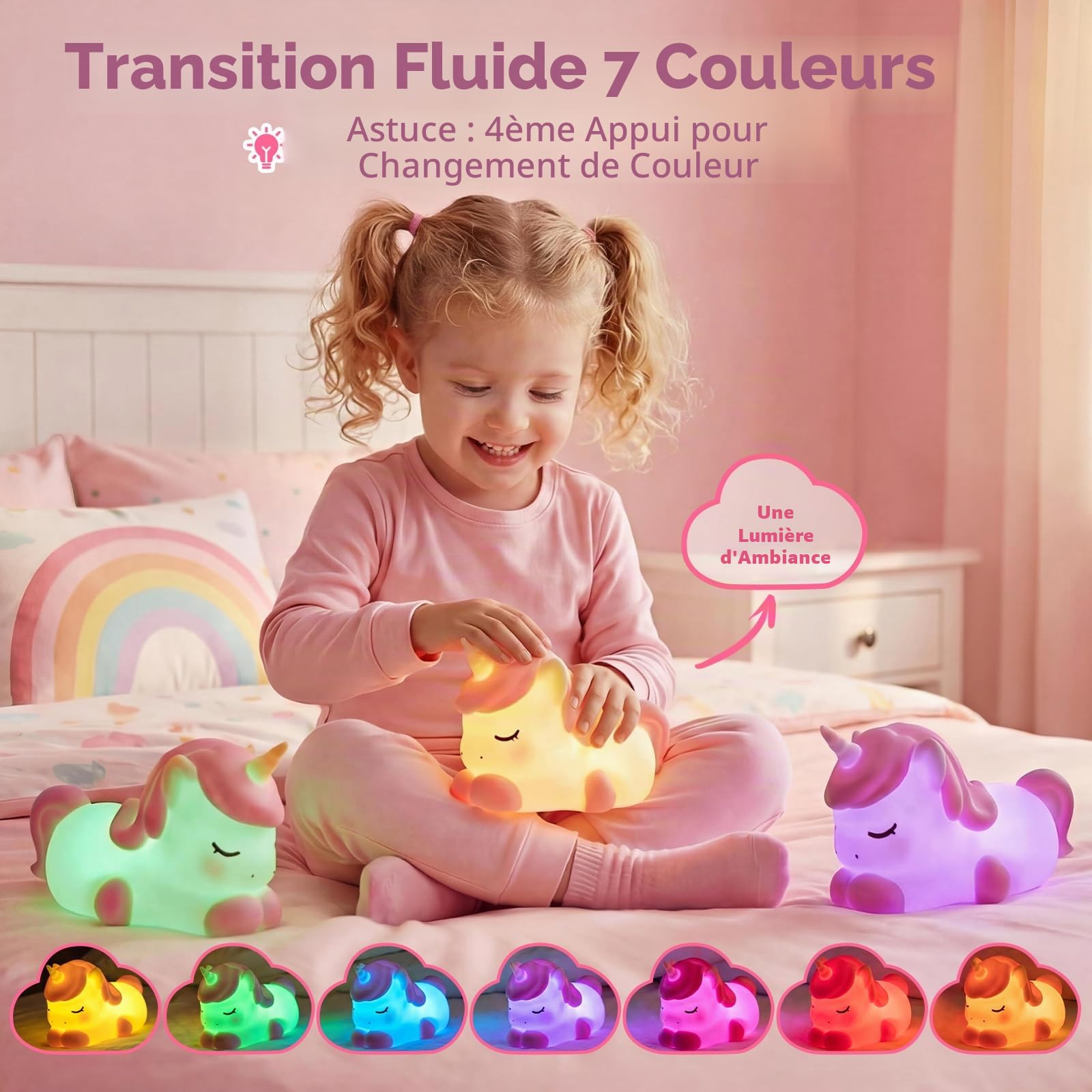 Mewaii Licorne Veilleuse Bébé Lampe Enfant Silicone 3 Niveaux Luminosité 7 Modes Couleur Rechargeable Cadeaux Filles Garçons