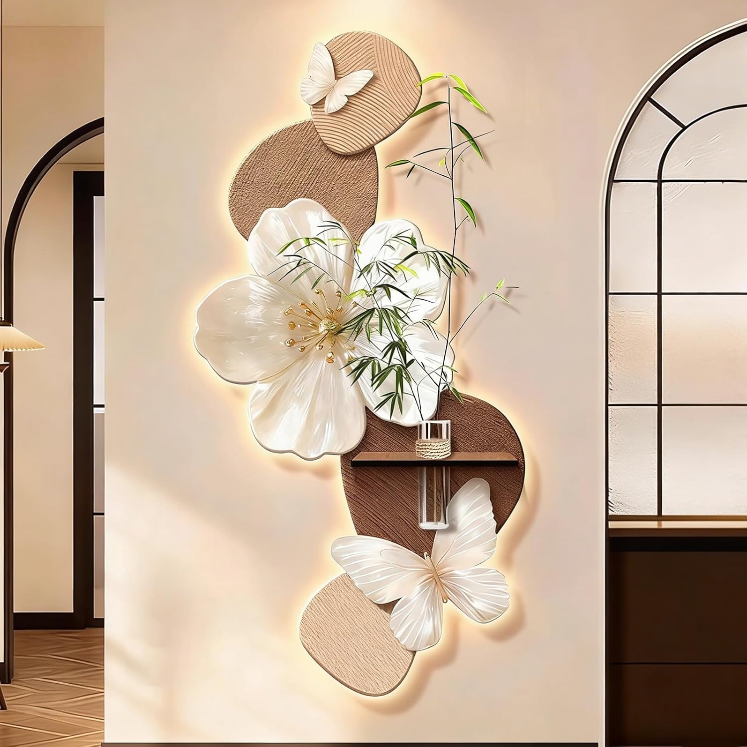 LED Wall Art, DIY Glass Vase, Remote-Controlled Lighting, HD Micro-Spray Print, Plug-and-Play Decor for Entryway & Hallway(Brown Brown,15.7 * 31.4in)