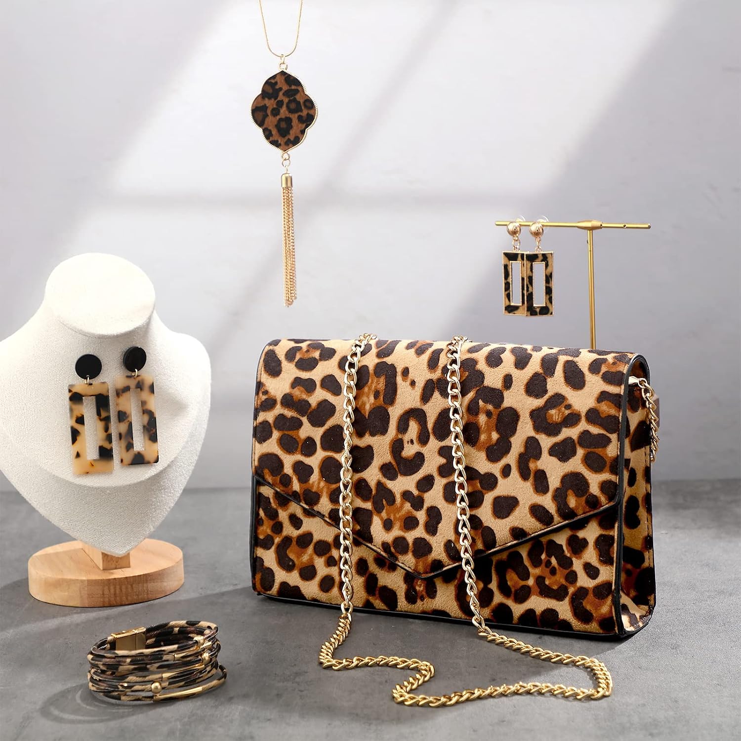 Sotiff 5 Pcs Leopard Accessories for Women Purse Jewelry Set Necklaces Clutch Earring Wrap Bracelets Long Tassel Pendant