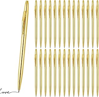 30Pcs Gold Pens Bulk Wedding, 5in Slim Metal Pen with Golden Ring Wedding Pens for Guest Book Signing, Smooth Ballpoint Pens Gold Office Supplies