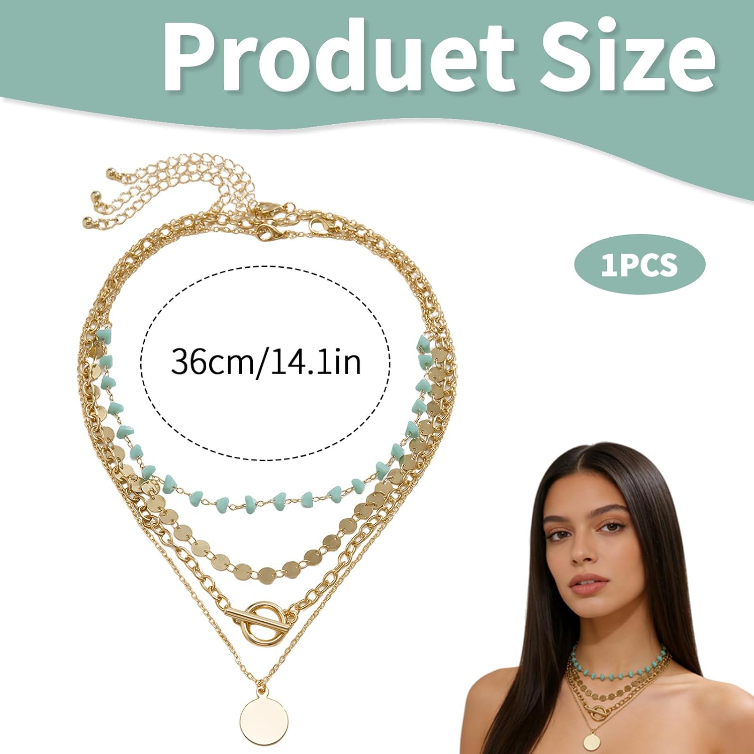 Boho Layered Gold Stackable Necklaces for Women, Western Turquoise Coin Pendant, Beach Country Concert Fashion Jewelry