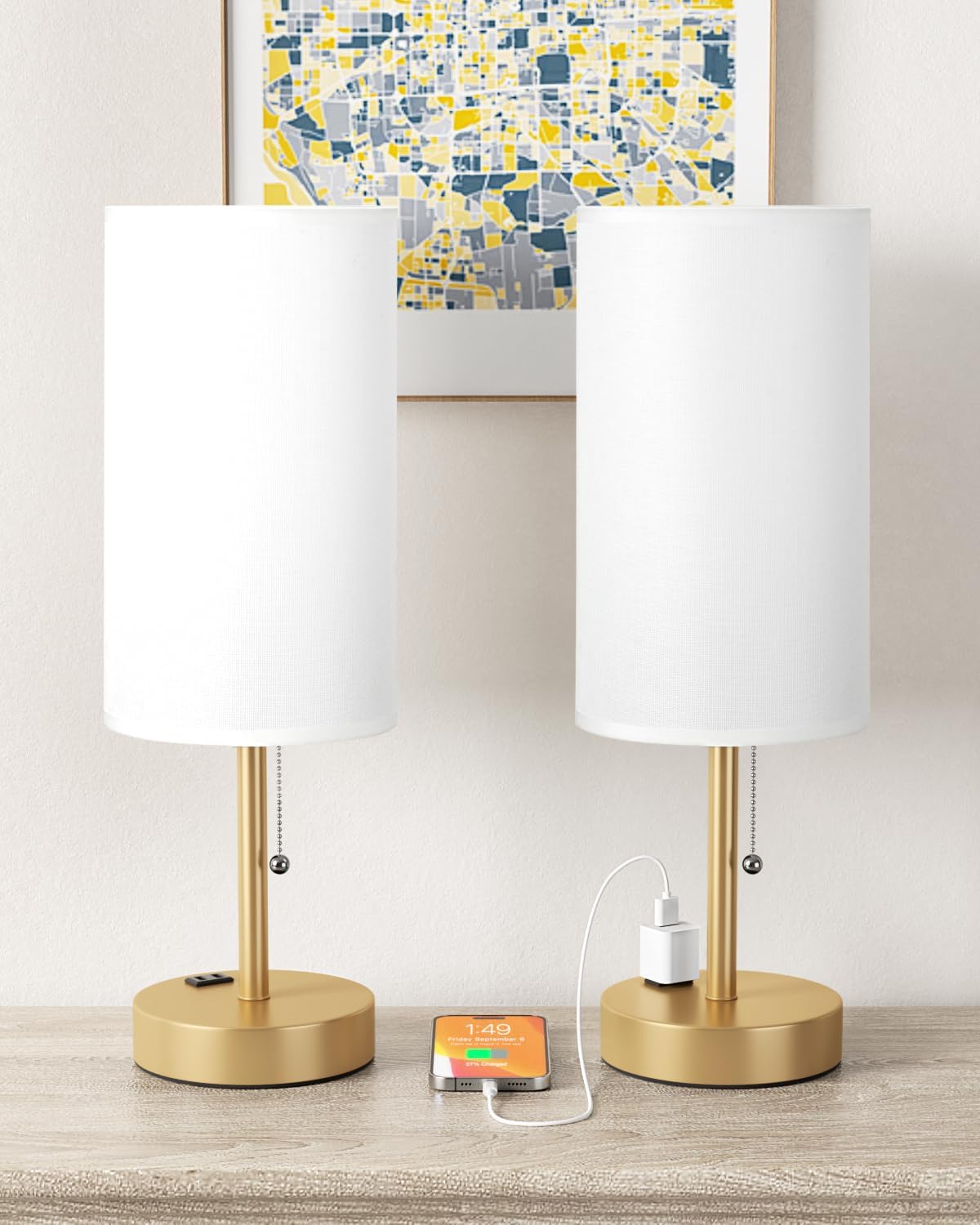 17.4" Large Gold Bedside Table Lamps Set of 2 - 3 Color Temperatures Pull Chain Lamp with AC Outlet Charging Port, Round Night Stand Lamps for Bedroom Guest Room Office, Bed Light with E26 LED Bulbs