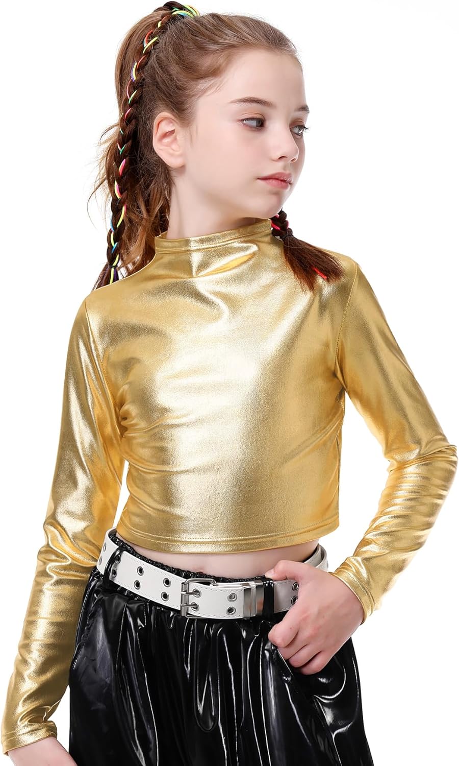 LOLANTA Metallic Dance Tops for Girls Long Sleeve Cropped Y2K Top Shiny Disco Streetwear Rave Party Festivals Costumes