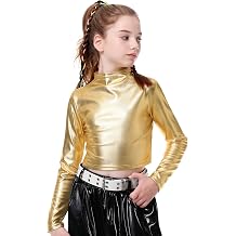 LOLANTA Metallic Dance Tops for Girls Long Sleeve Cropped Y2K Top Shiny Disco Streetwear Rave Party Festivals Costumes