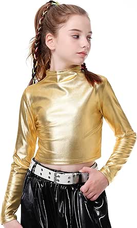Amazon.com: LOLANTA Metallic Dance Tops for Girls Long Sleeve Cropped ...