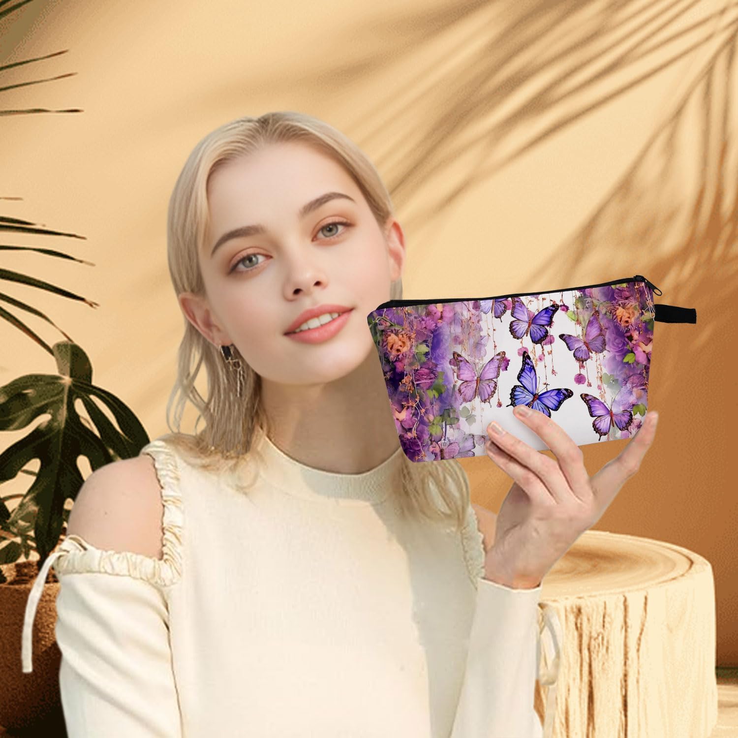 Butterfly Flower Makeup Bag for Women Travel Cosmetic Organizer Bag Teacher Appreciation Gifts Small Zipper Toiletry Bag - Image 4