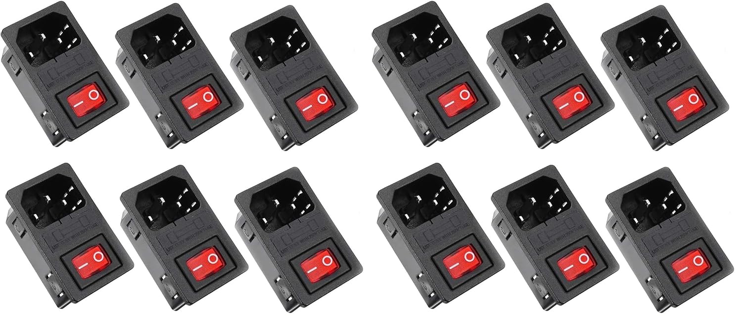 3 Pin IEC320 C14 Inlet Male Plug Power Socket Red Light Boat Rocker Switch with Fuse Holder Neon Lamp Supply Jack Connector AC 250V 10A(6Pcs)