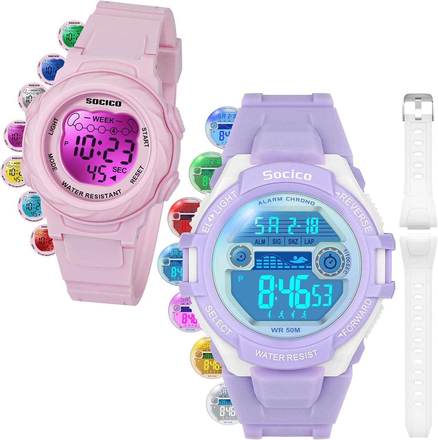 SOCICO Kids Digital Watches for Boys Teen Girls, 7 Color Lights Waterproof Sports Watch for Kids with Stopwatch Alarm, Great Present for Girls Ages 5-18 Teenagers