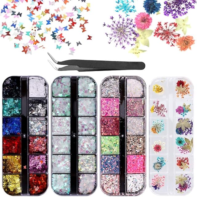 Gaosaili 4 Boxes Holographic Nail Sequins, 3D Butterfly Nail Glitter Sequins, Iridescent Flakes Colorful Glitter Sticker, Dried Flowers Nail Art Design Make Up DIY Decals Decoration