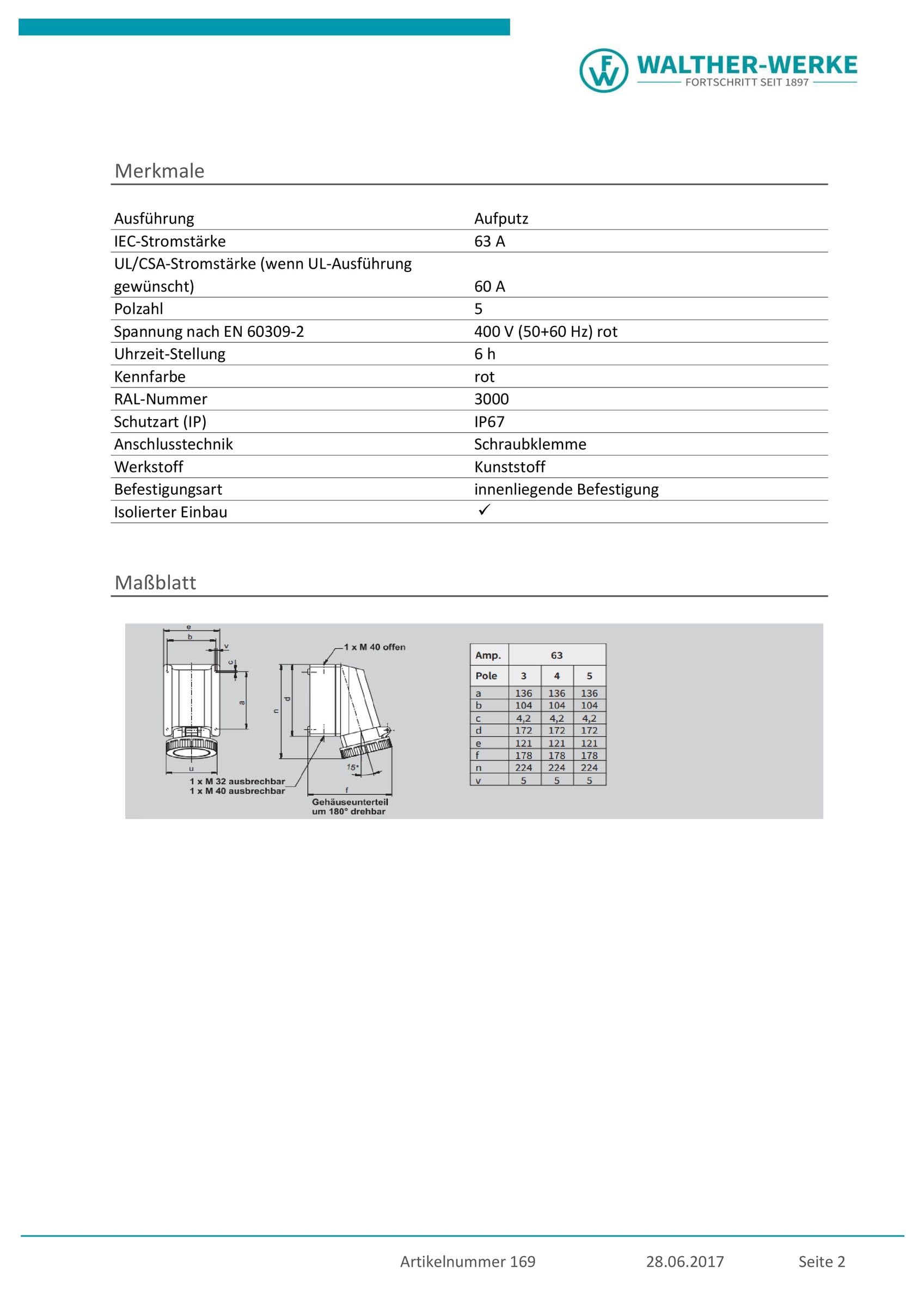 Walther Werke Wandsteckdose 169 63A 5p. 400V 6h IP67 CEE-Steckdose 4015609000173