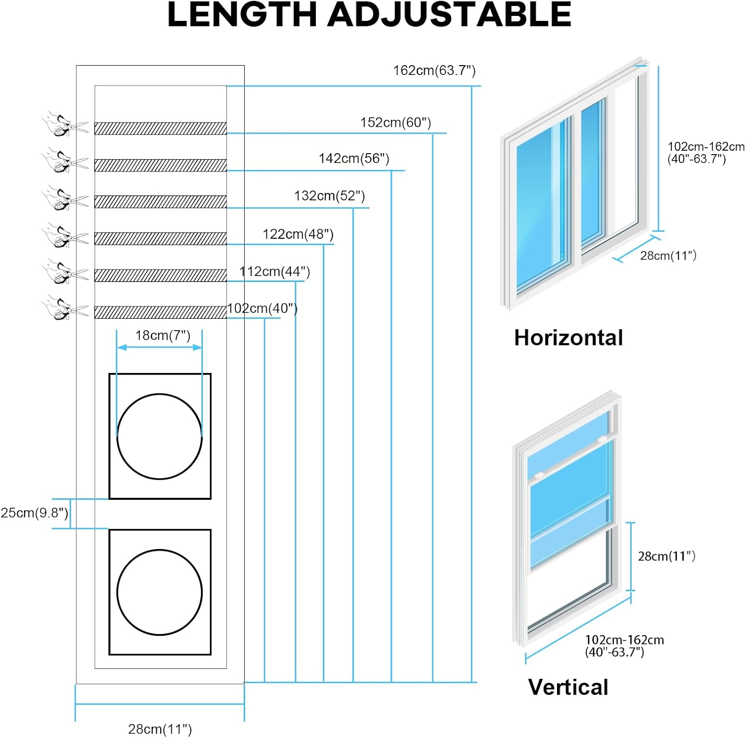 Portable Air Conditioner Window Vent Kit, Universal Sliding Window Seal Kit for Mobile Air Conditioning & Dryer, 28x102~162cm Length Adjustable Full Sealing Waterproof A/C Window Vent Sealing Cloth