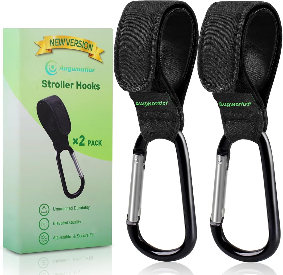 Ganchos para cochecito para bolsos, paquete de 2 clips y ganchos antideslizantes para cochecito, mosquetón ajustable para cochecito, accesorios para cochecito de bebé, ganchos para bicicleta, scooter, silla de ruedas, andador de Aguwontior