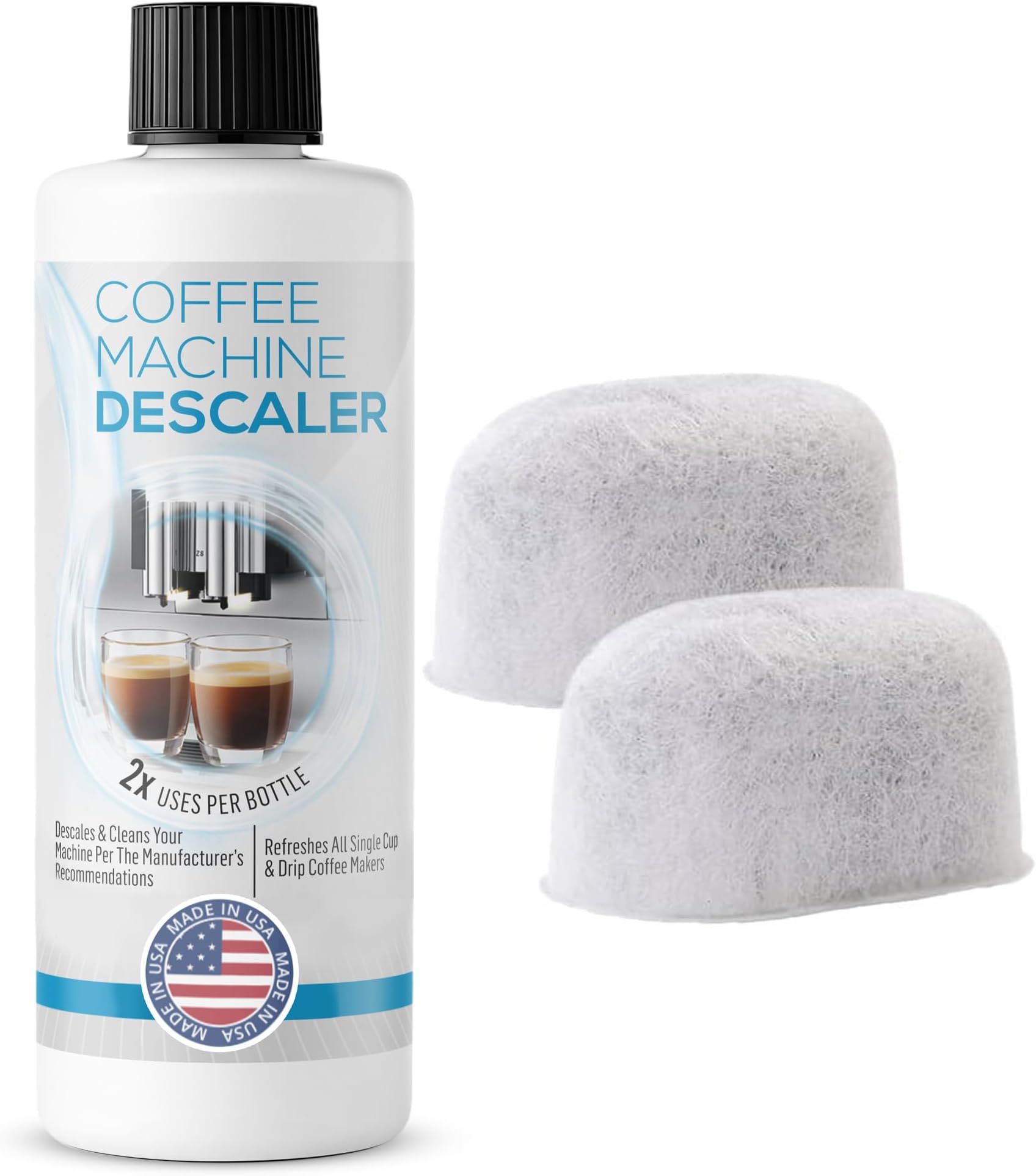- FreshFlow Keurig Compatible Descaling Solution (1 Bottle, 2 Uses Plus 2 Filters) - Universal Descaler Cleaner Concentrate Kit For All 1.0 & 2.0 K-Cup Pod Machines and Espresso Machines