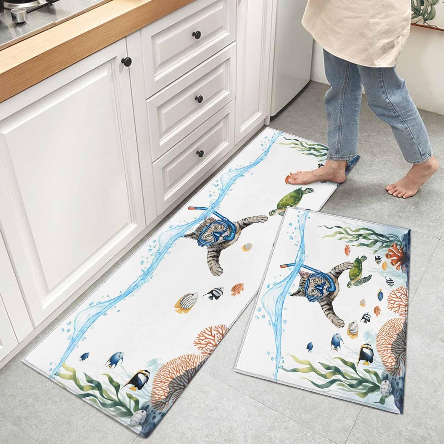 Teamery Kitchen Mats for Floor Summer Cat Sea Turtle Fish Coral Washable Non Slip Kitchen Rugs 2PCS, Watercolor Marine Life Absorbent Standing Mats for Sink Office Living Room 15.7x23.6in+15.7x47.2in