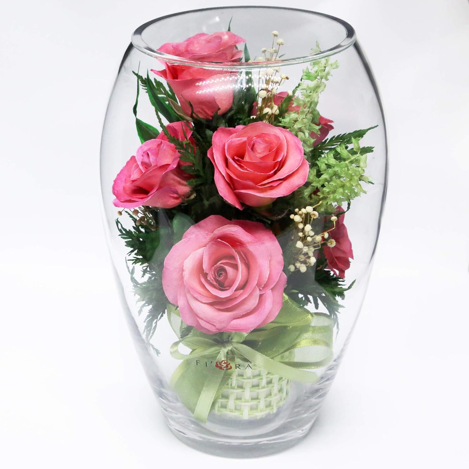 Long Lasting Roses in Sealed Glass Vase Fresh Cut Roses Unique Present Gift (Elliptical Vase)
