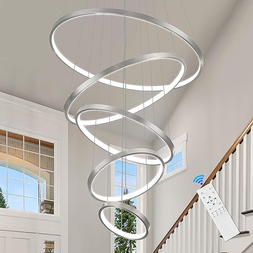 Moedrn - Candelabros LED de 5 anillos de níquel cepillado, lámpara de vestíbulo regulable para techo alto, lámpara de níquel contemporánea regulable