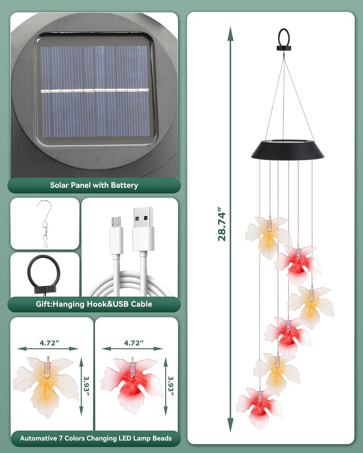 DOUBLEZHE Solar Wind Chimes, Color Changing Maple Leaf Wind Chimes for Outside, Birthday Gifts for Women Mom Grandma, Waterproof Outdoor LED Decoration Mobile Lights for Garden Patio Yard Party Decor - Image 7