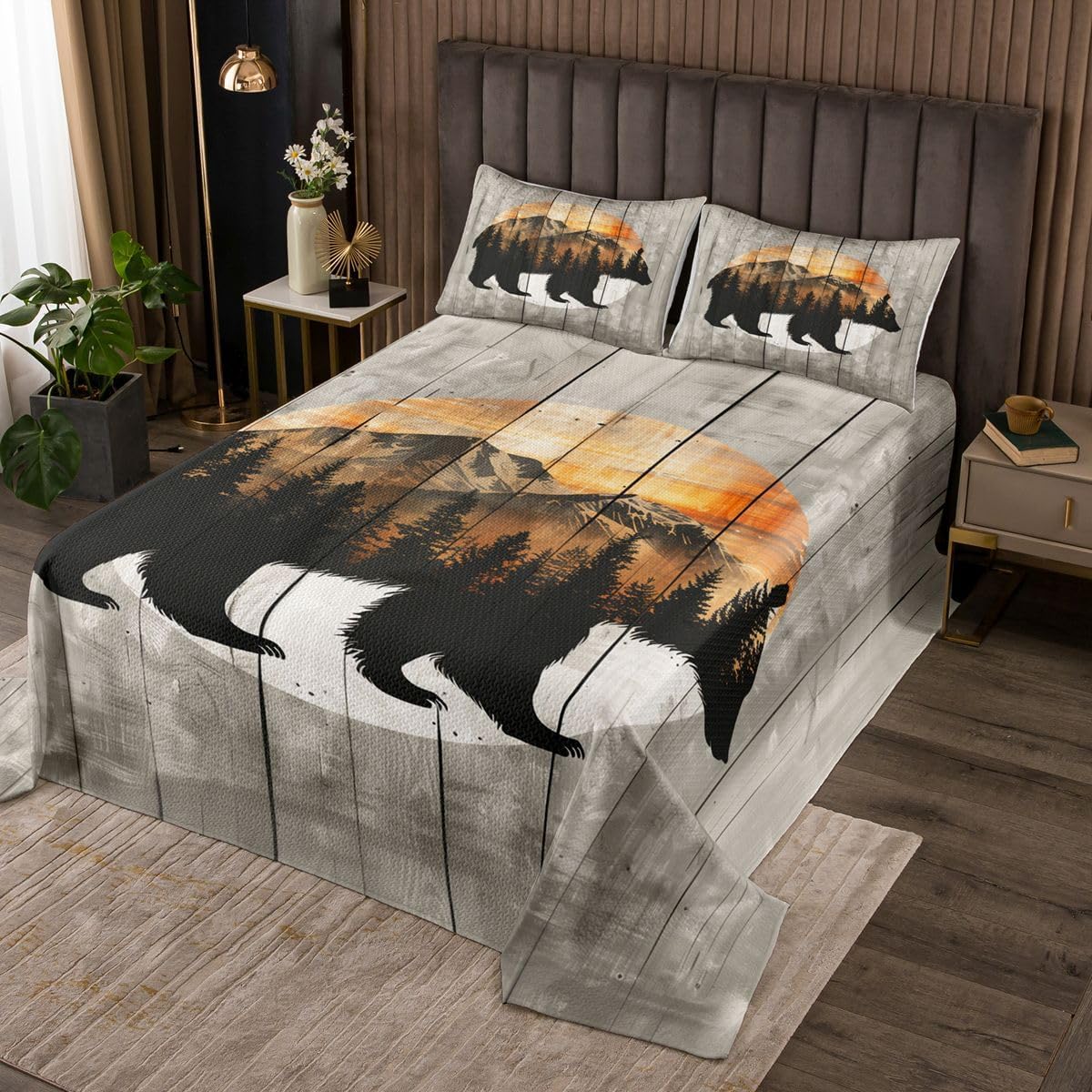 jejeloiu Bear Mountain Tree Bedspread Quilts Western Cabin Coverlet Set Twin Size for Kids Boys Girls Bear Silhouette Quilted Coverlet for All Season with 1 Pillowcase Rustic Country Farmhouse