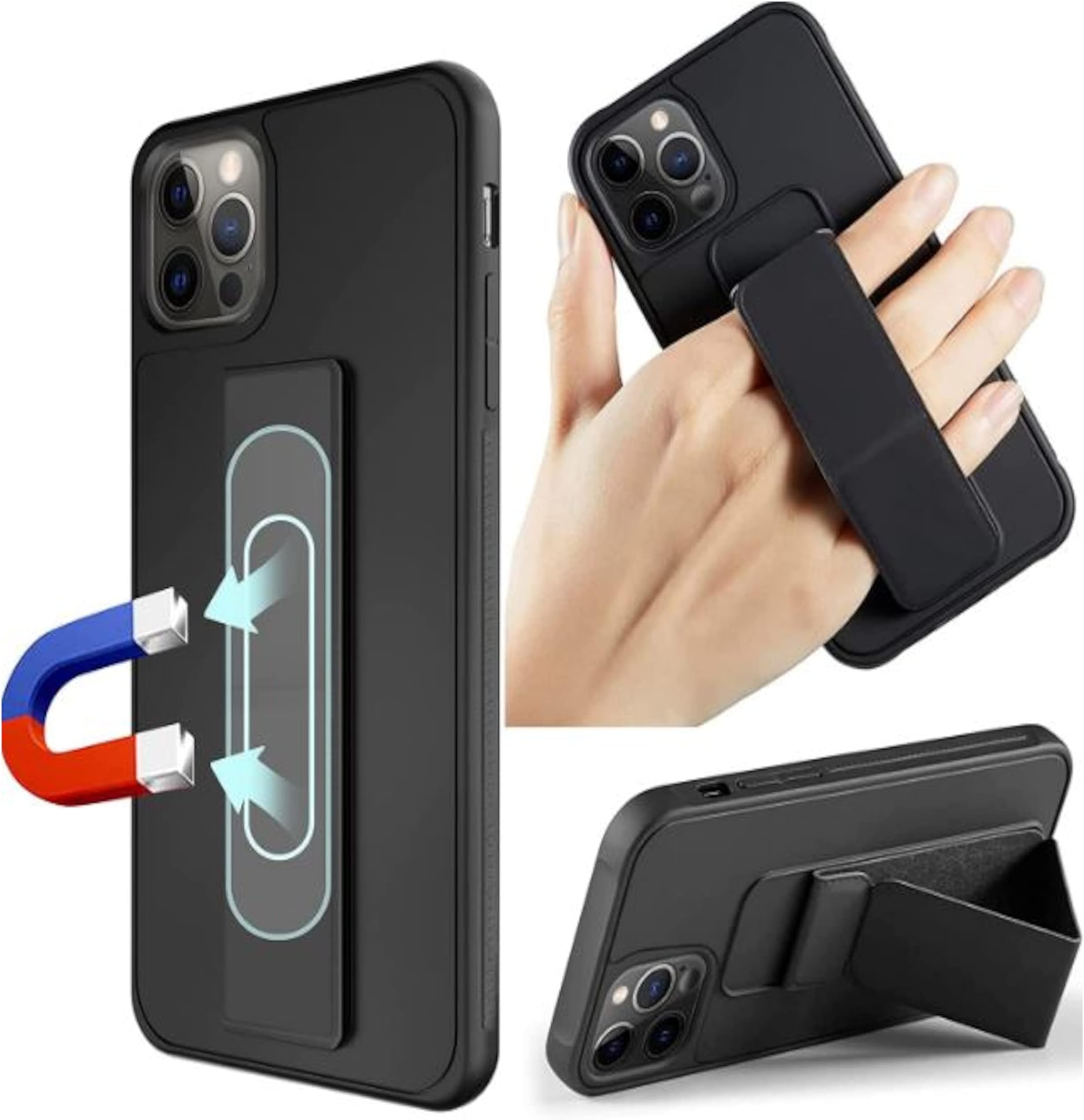 iPhone 12 Cover With Back Stand Leather Case With Magnet Holder Hand Grip Vertical & Horizontal Stand 6.1 Inches Screen (Black)