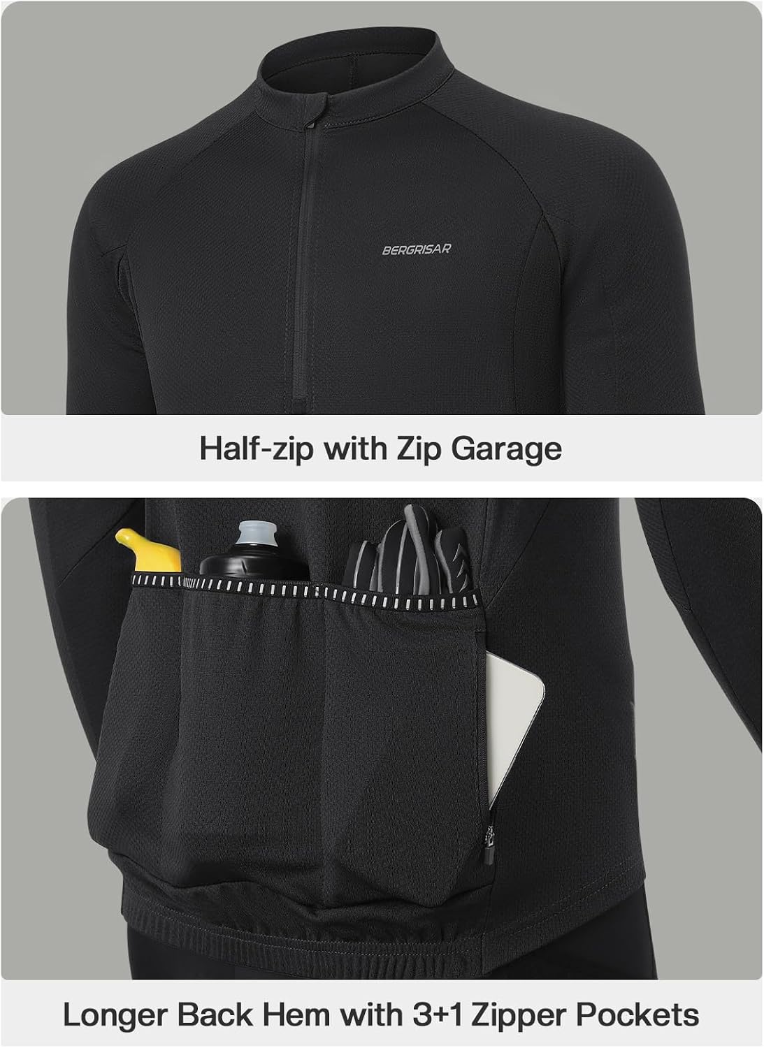 BERGRISAR Cycling Jersey Men Long Sleeves Half Zip Bike Jersey with Zipper Pocket Biking Bicycle Mountain Bike Shirt