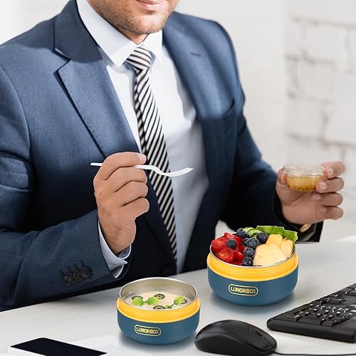 Miniatura 6 de Dandat Juego de 3 recipientes de almuerzo aislados portátiles para adultos y niños, caja Bento apilable de acero inoxidable para comida caliente